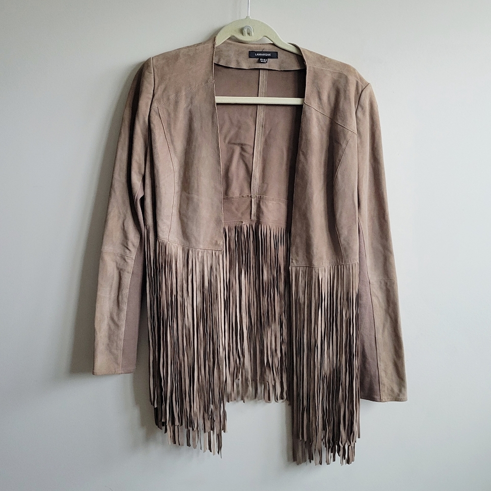 LAMARQUE Latte Suede Leather Open Front Fringe Boho Western Jacket